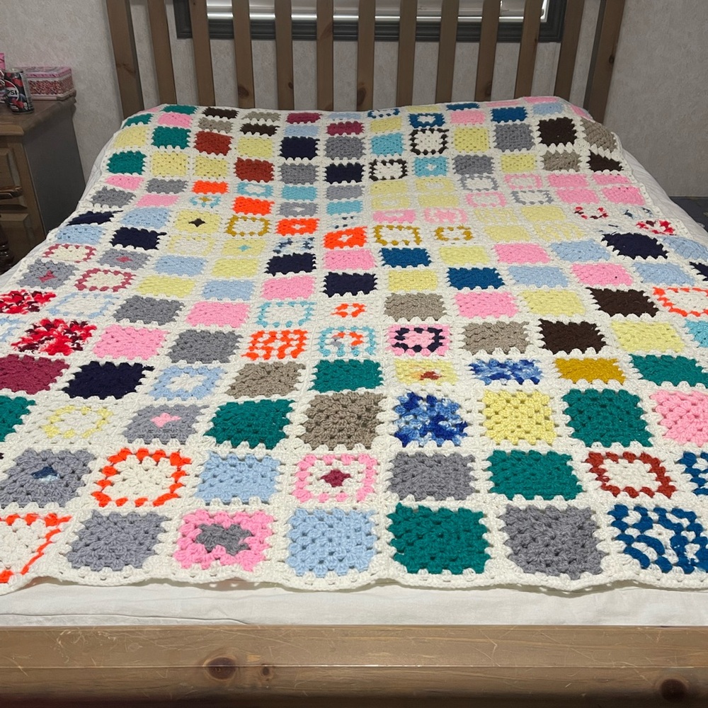 Colorful Patchwork Granny Square Crochet Blanket. Cottage core, farmhouse style